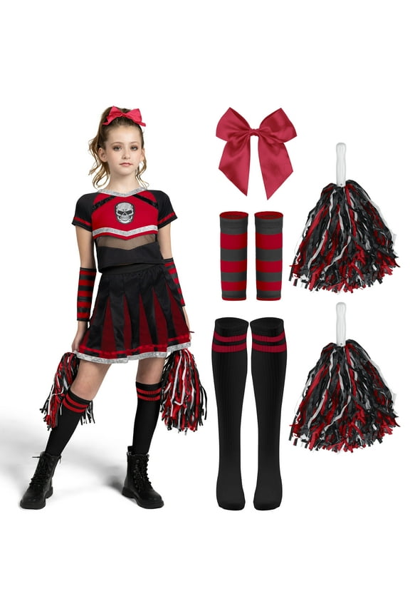 Cheerleader Costume for Girls, Bad Spirit Costume for Kids, Skull Scary Outfit with Accessories for Halloween Party Cosplay