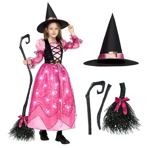 Joyfy Light Up Witch Costume Set for Girls, Starry Witch Dress with Broom Belt Hat for Kids and Toddlers, Perfect for Halloween Party Dress-Up Cosplay (5-12 Years)