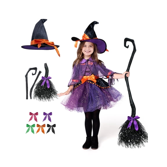 Joyfy Witch Costume for Girls, Purple Witch Dress with Broom Hat for Kids and Toddlers Halloween Dress up Parties