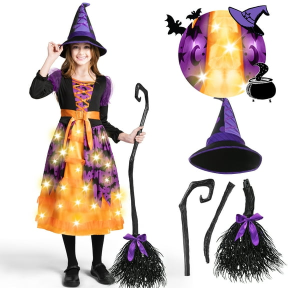 Joyfy Light up Witch Costume for Girls,Starry Witch Dress with Broom Hat for Kids and Toddlers, Perfect for Halloween Party Dress-up Cosplay Age 3-4