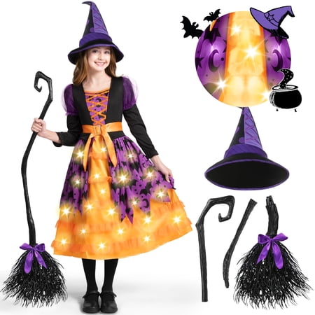 Joyfy Light up Witch Costume for Girls,Starry Witch Dress with Broom Hat for Kids and Toddlers, Perfect for Halloween Party Dress-up Cosplay Age 8-10
