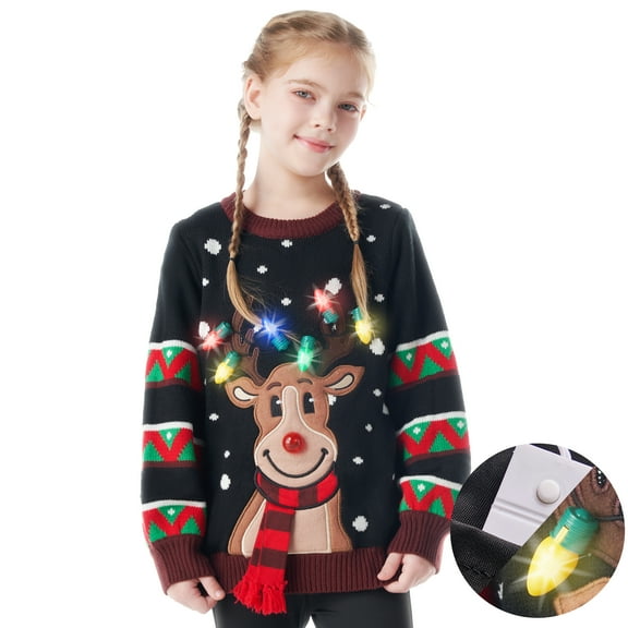 Joyfy Kid's Christmas Ugly Sweater LED Light-up Reindeer Christmas Sweater Built-in Light Bulb for Boys and Girls