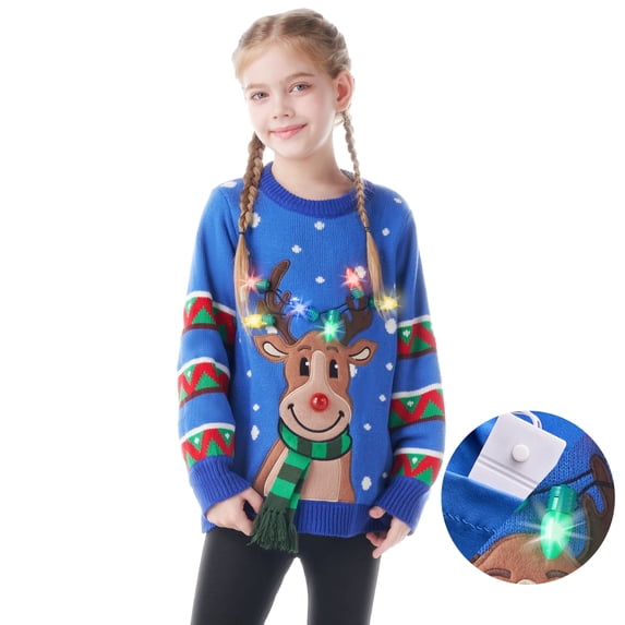 Joyfy Kid's Christmas Ugly Sweater LED Light-up Reindeer Christmas Sweater with Built-in Light Bulb for Boys and Girls