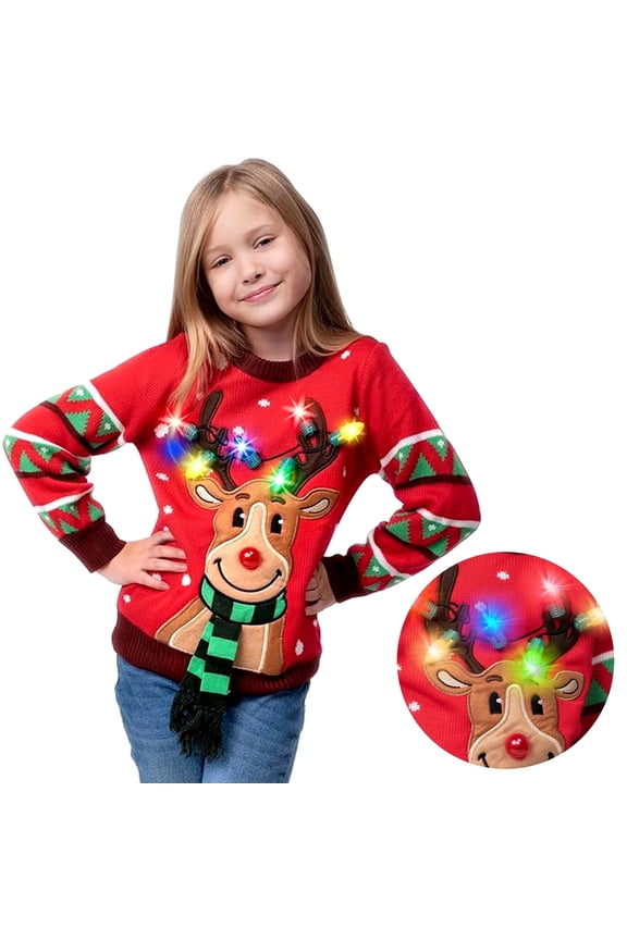 Light up Ugly Christmas Sweater for Kids,Funny LED Reindeer Christmas Sweater for Girls Boys,Holiday Sweater
