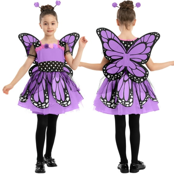 Joyfy Children's Girl Butterfly Costume, Purple Butterfly Costume with Wings Headdress, Suitable for Children's Halloween Party