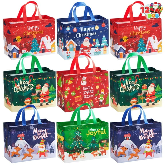 Joyfy Christmas 12 Pcs Christmas Large Tote Bags 12.8"*9.8" Holiday Reusable Gift Bags for Classroom Party Favor Supplies, Christmas Shopping Bags, Xmas Party Supplies Bags