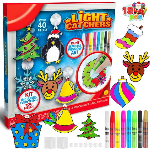 Joyfy 18 PCS Christmas Window Sun Catchers DIY Painting Art and Craft Set for Xmas Decorations, Christmas Crafts, Suitable for Kids