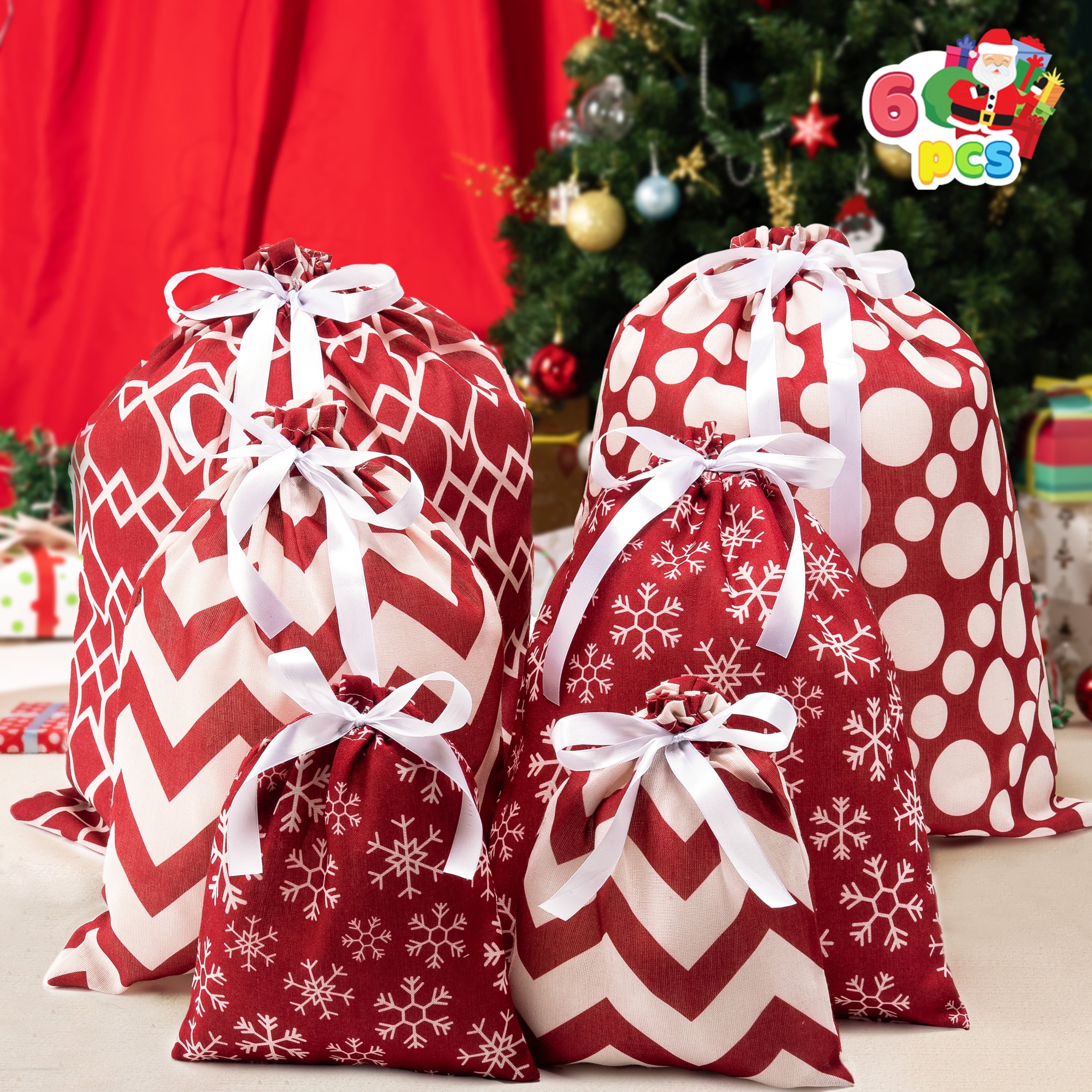 Joyfy Christmas Drawstring Gift Bags, 6Pcs Santa Sack Large Medium