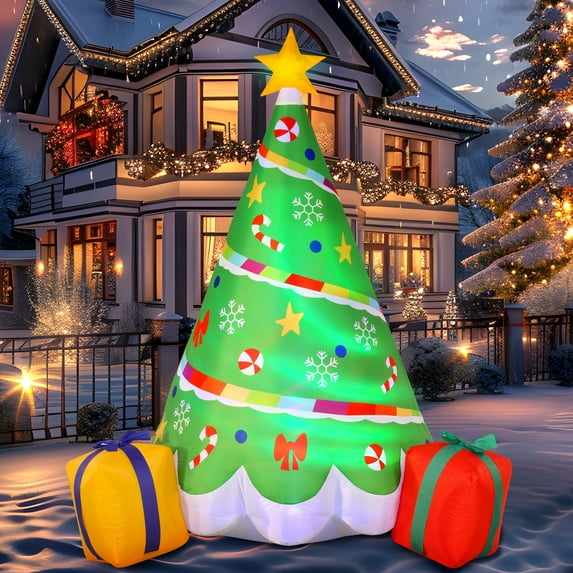 Joyfy 6ft Christmas Inflatables Christmas Tree Outdoor Decorations,Rainbow Ribbon Christmas Tree with Gift Boxes Blow Ups Yard with Built-in LEDs for Holiday Party Garden Lawn Decor