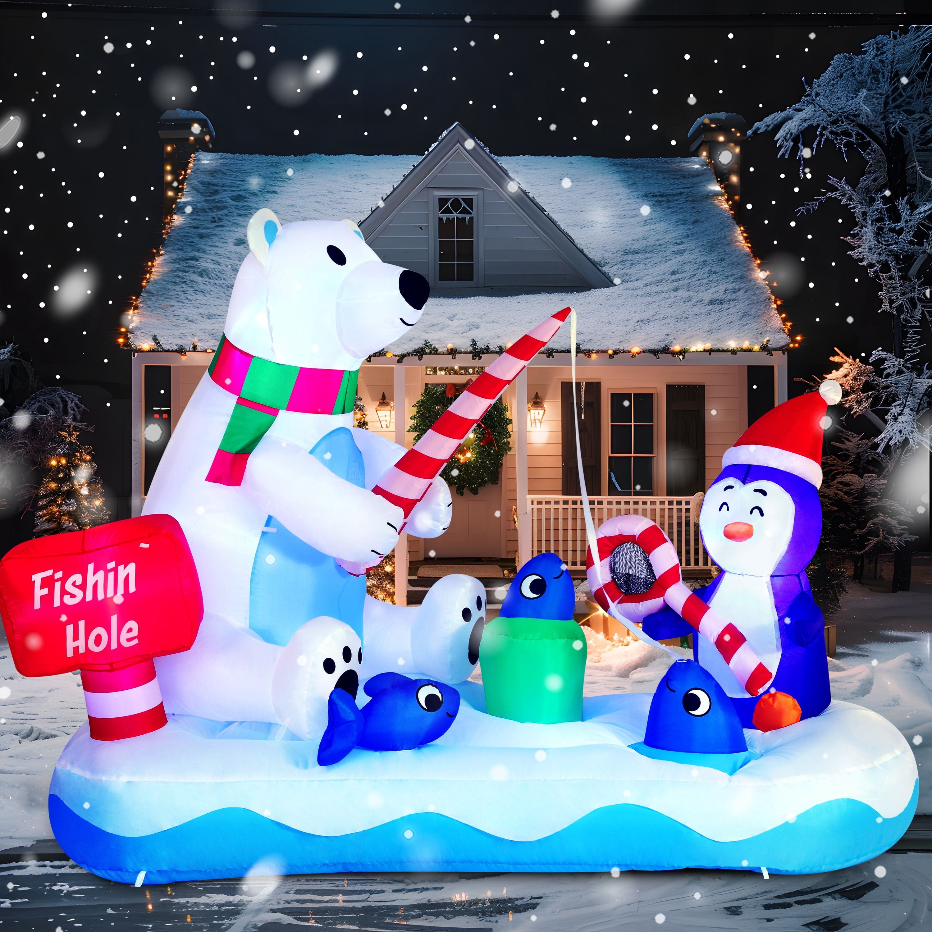 Fish Yard Inflatables Joyfy 6 ft Christmas Inflatables Polar Bear Fishing with Penguin ...