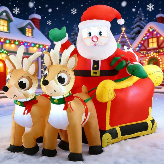 Joyfy 6ft Christmas Inflatables Santa on Sleigh with 2 Reindeer Outdoor Decorations,Christmas Blow Ups Yard with Built-in LEDs for Holiday Party Garden Lawn Decor