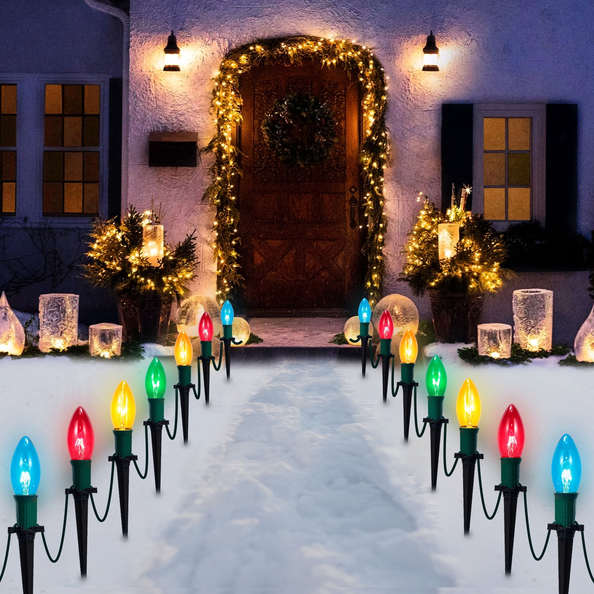 Joyfy Christmas Pathway Lights Outdoor,30.75 FT 24 C9 Walkway Lights with Marker Stakes,Outdoor Christmas Lights for House Warm White Christmas Decorations