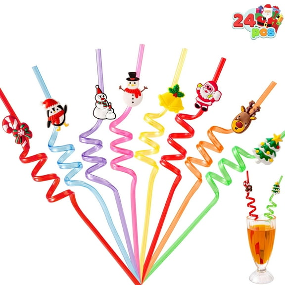 Joyfy 24 PCS 8 Colors Christmas Plastic Straws, Reusable Drinking Straws for Xmas Party Favors, Goodie Bags Stuffers Fillers for Kids, Christmas Party Decorations