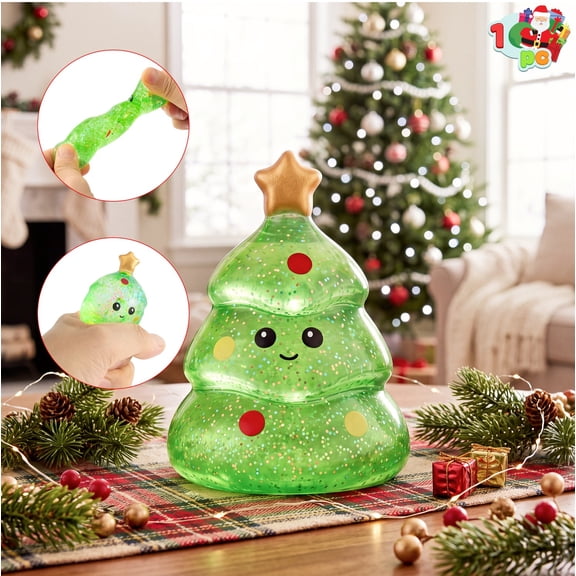 Joyfy Christmas Tree Squishy Toy, Green Glitter Squishy Stress Toy with Gold Star and Smiling Face, Stretchy Squeeze Fidget Toy for Kids and Adults, Christmas Stocking Stuffer Gift