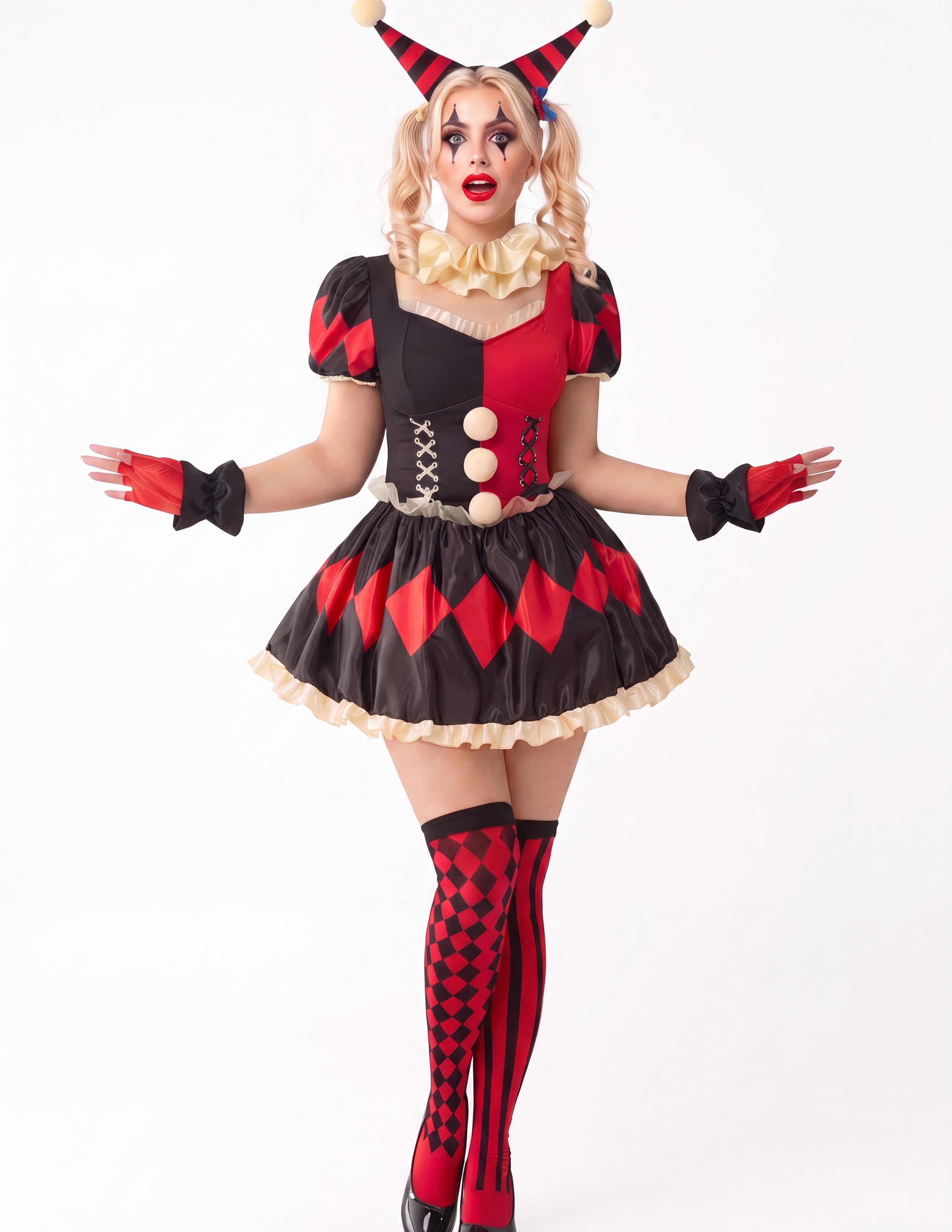 Joyfy Clown Costume for Women Red and Black Clown Dress with Headband ...