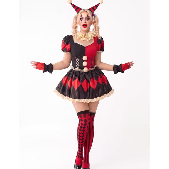 Joyfy Clown Costume for Women Red and Black Clown Dress with Headband Outfits Set, Halloween Scary Jester Costume for Adults Halloween Fancy Cosplay Party