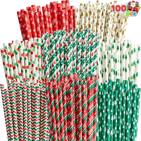 Joyfy 100 PCS Christmas Paper Straws, 8 Styles with Stripe, Wave, Christmas Tree Snowflake Design Decorations Supplies, for Xmas Drinkware Party Supplies, Party Decorations and Holiday Celebrations