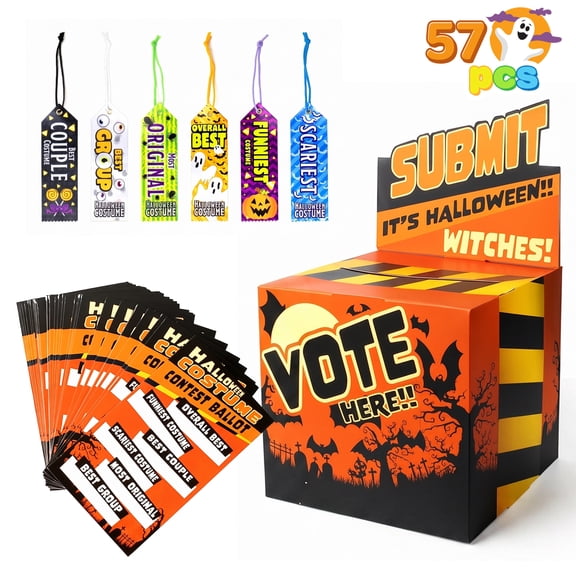 Joyfy 57 PCS Halloween Party Costume Contest Ballot Set of Boxes with Voting Ballots and Trophy Award Ribbons for Halloween Party Game Vote