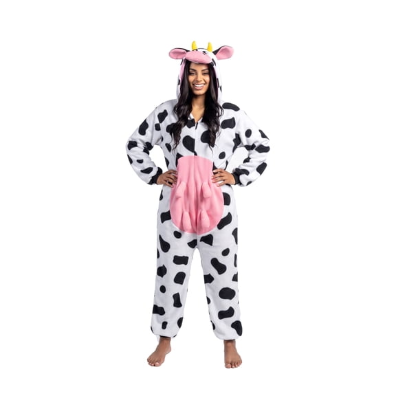 Joyfy Cow Pajamas, Realistic Plush Cow Costume, Jumpsuit Outfit Hooded, Halloween Costume Sleepwear for Halloween Cosplay Animal Themed Parties(Small)