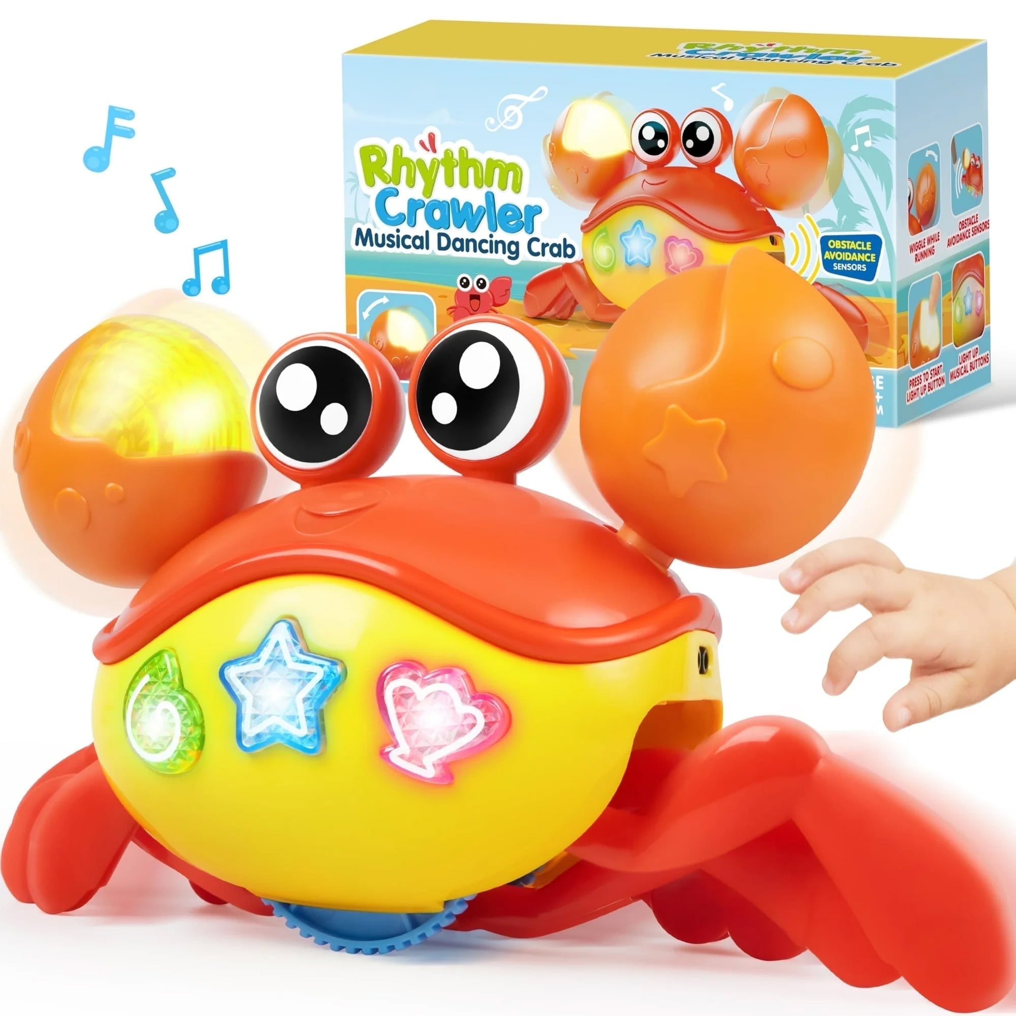 Joyfy Crawling Crab Baby Toy - Tummy Time Toy for Boys Girls, Interactive Big Crab Toy with Lights Buttons, Dancing Crab Auto-Avoiding Obstacles, Gift for Toddlers