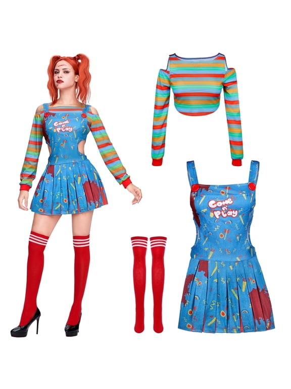 Creepy Doll Costume for Women, Family Matching Killer Doll Costume for Halloween Fancy Dress up Cosplay