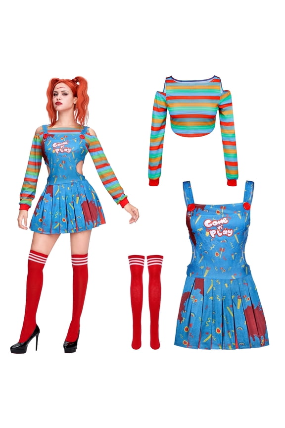 Creepy Doll Costume for Women, Family Matching Killer Doll Costume for Halloween Fancy Dress up Cosplay