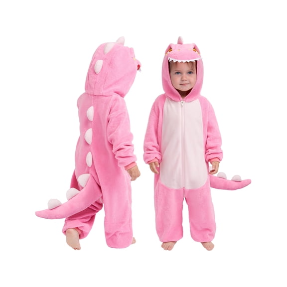 Joyfy Dinosaur Costume for Baby, Unisex Pink Hooded Jumpsuit Pajama for Halloween Cosplay Party,Ages 3-4