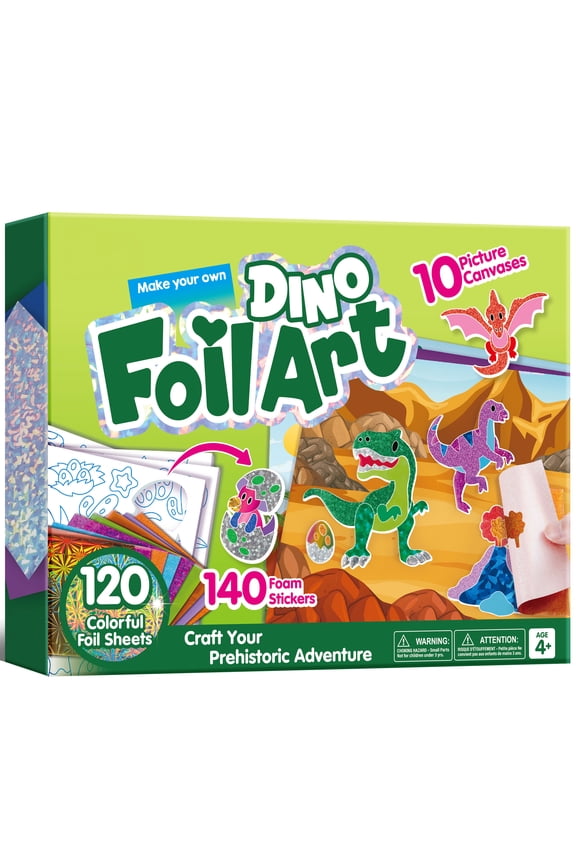 Dinosaur Foil Art Kit for Kids, Mess Free Travel Toys with Foil Foam Stickers, Christmas Birthday Gift for Boys and Girls Ages 4 and Up