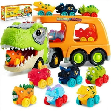 Joyfy Dinosaur Truck Toys, Carrier Truck Toys with 6 Rubber Car Vehicles, Birthday Gift for Kids Toddlers 2 3 4 5 6 Years Old