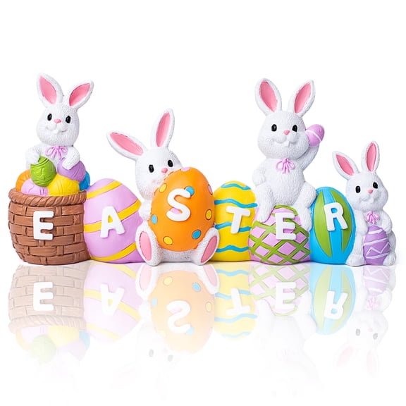 Joyfy Easter Bunny Eggs with Word "Easter", Resin Tabletop Centerpiece Decor, 4 Rabbits Bunny & Egg, Home and Office Easter Figuring Decoration