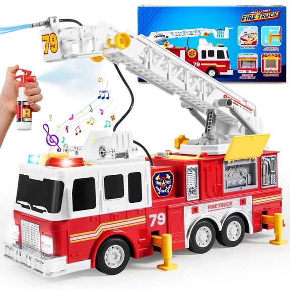 Joyfy Extra Large Fire Truck Toy for Kids, with 33-inch Extending Ladder Light & Sound/ Extendable Aerial Ladder/ Working Water Pump, Great Christmas Birthday Gift for Boy 3 4 5 6 7