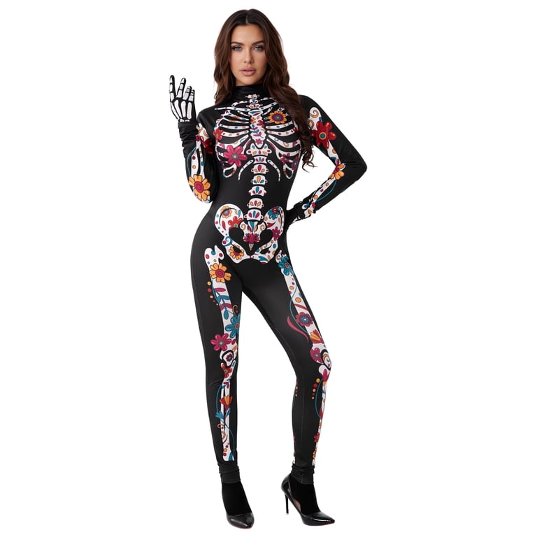 Joyfy Floral Skeleton Costume for Womens, Skeleton Bone Bodysuit Halloween Costumes for Adult Halloween Party Fancy Dress-up