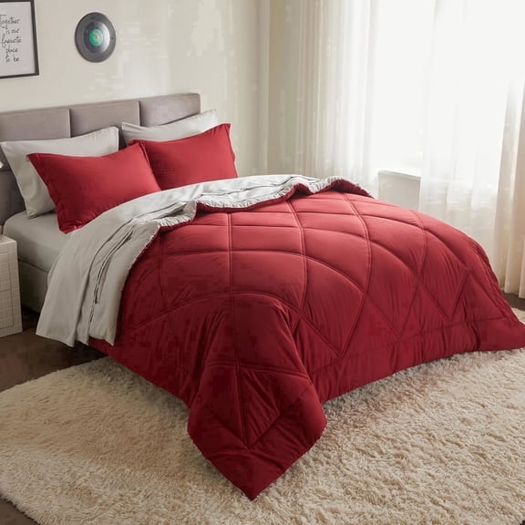 Joyfy Full Size Comforter Set with Sheets Red, 7 Pieces Full Size Bed Set with 1 Down Alternative Comforter, 1 Flat Sheet, 1 Fitted Sheet, 2 Pillowcases and 2 Pillow Shams, Bed in a Bag All Seasons