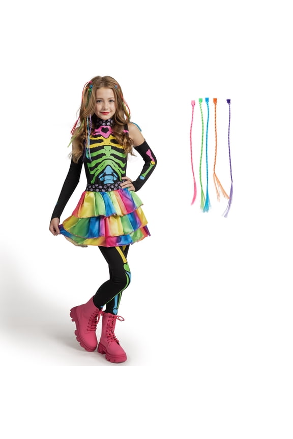 Skeleton Tutu Dress for Girls, Colorful Bones Skeleton Costume for Kids Halloween Dress Party up Cosplay