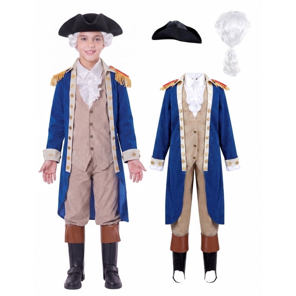Joyfy George Washington Costume for Kids, Colonial Boys Costume with Wig and Hat Outfits Set for Halloween Party Dress up Cosplay