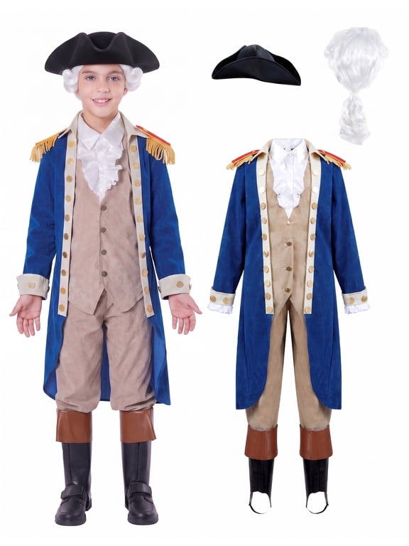George Washington Costume for Kids, Colonial Boys Costume with Wig and Hat Outfits Set for Halloween Party Dress up Cosplay