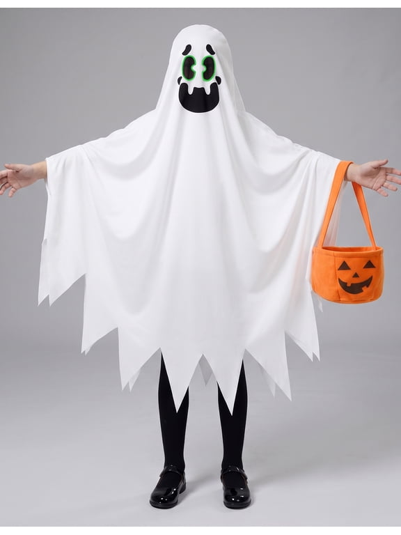 Ghost Costumes for Kids, Scary Halloween Costume for Boys, Smile Ghost Costume with Pumpkin Basket for Toddler Halloween Spooky Trick-or-Treating Role Playing Cosplay 3-7 Years