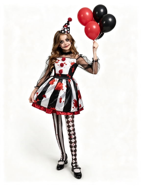 Girls Clown Costume, Halloween Scary Clown Costume, Family Matching Bloody Jester Dress for Girls Halloween Dress up, Role Play, Cosplay Party