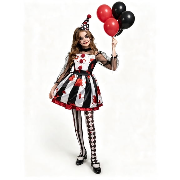 Joyfy Girls Clown Costume, Halloween Scary Clown Costume, Family Matching Bloody Jester Dress for Girls Halloween Dress up, Role Play, Cosplay Party