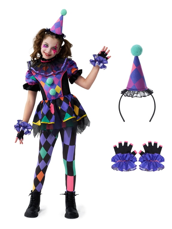 Girls Clown Costume, Halloween Scary Clown Costume, Dark Colorful Twisted Clown Jester Dress for Girls Halloween Dress Up, Role Play, Cosplay Party
