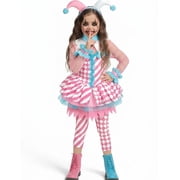 Joyfy Girls Clown Costume Kids Halloween Evil Clown Costume, Pink Jester Dress for Girls Halloween Party Dress Up Cosplay