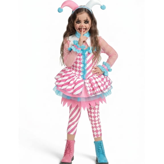 Joyfy Girls Clown Costume Kids Halloween Evil Clown Costume, Pink Jester Dress for Girls Halloween Party Dress Up Cosplay