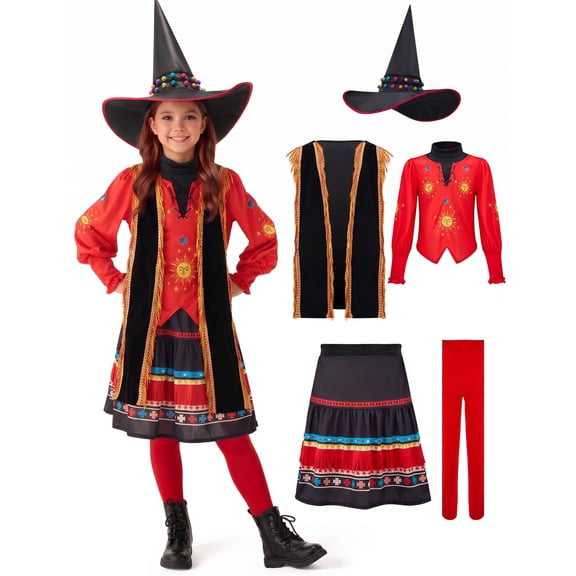 Joyfy Girls' Red and Black Witch Costume Set, 5-Piece Halloween Outfit with Hat, Vest, Top, Skirt and Stockings for Kids Roleplay Parties