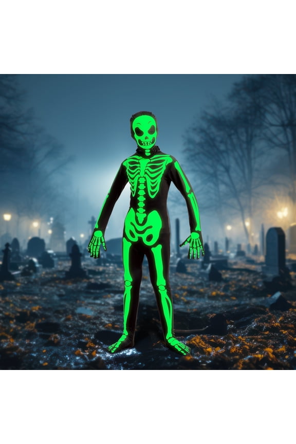 Glow in the Dark Skeleton Costume for Kids, Skelebones Costume, Bone Jumpsuit, Kids Halloween Dress Up 3-10 Years