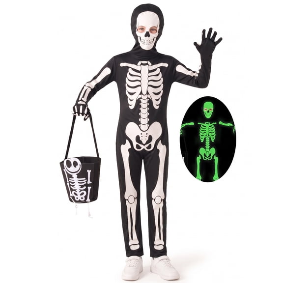 Joyfy Glows in the Dark Skeleton Costume for Kids, Black Skelebones Jumpsuit with Skeleton Basket Outfit, Bone Halloween Costume Dress up for Girls & Boy