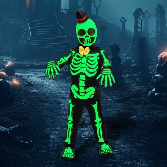 Joyfy Glows in the Dark Skeleton Costume for Kids, Black Skelebones Jumpsuit, Bone Halloween Costume Dress up