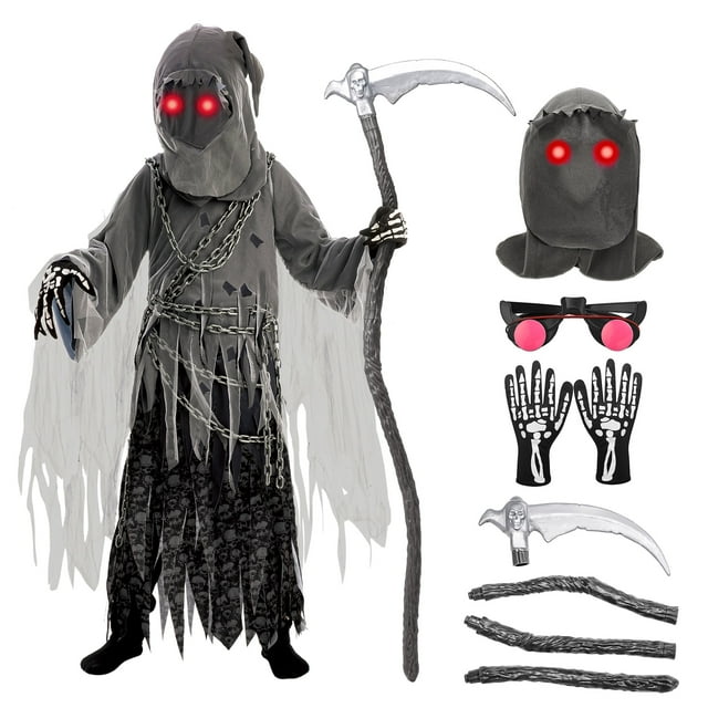Joyfy Grim Reaper Costume for Kids, Halloween Costume with Glowing Red Eyes for Child Halloween Party Dress Up 8-14 Years