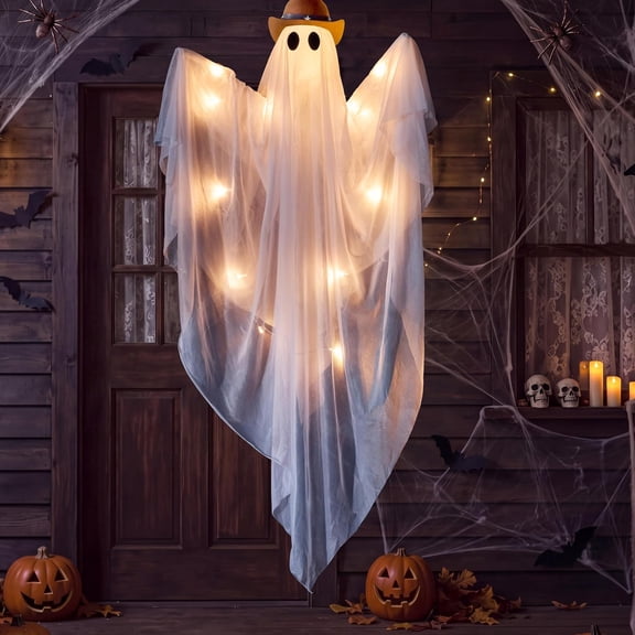 Joyfy 27.5 Inch Hanging Ghosts Halloween Decor,Light up Ghosts with Spooky Warm White LED Light & Cowboy Hat & Timer,Halloween Outdoor Yard Porch Decorations,Haunted House Decorations