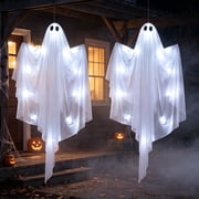 Joyfy 2 Pcs 47 Inch Hanging Ghosts Halloween Decor,Halloween Light up White Ghosts with Spooky Cool White LED Light,Halloween Outdoor Yard Porch Decorations,Hau