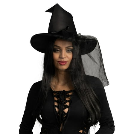 Joyfy Witches Hats for Women, Wicked Hat with Lace Veils for Women, Halloween Costume Accessory Fancy Dress Cosplay